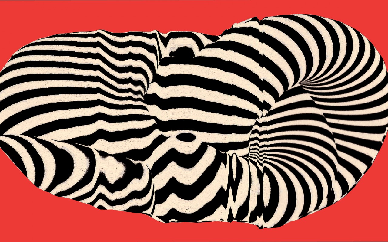 Grafika przedstawia obiekt o nieregularnych kształtach w biało-czarne pasy na intensywnym czerwonym tle